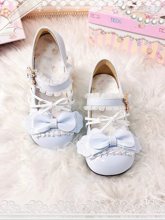 Lace Mary Shoes PU Ruffled in with Jane Details Mid-heel Blue