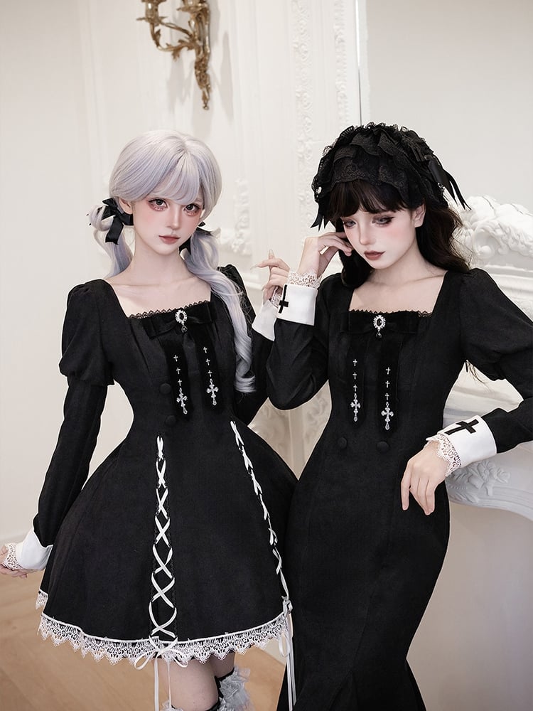 Mermaid with Cross Juliette Patch Dress Lolita Embroidery Sleeves Cuffs Black