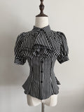 Black Striped Short Sleeve Gothic Lolita Blouse with Jabot - Flower Fairy Daily