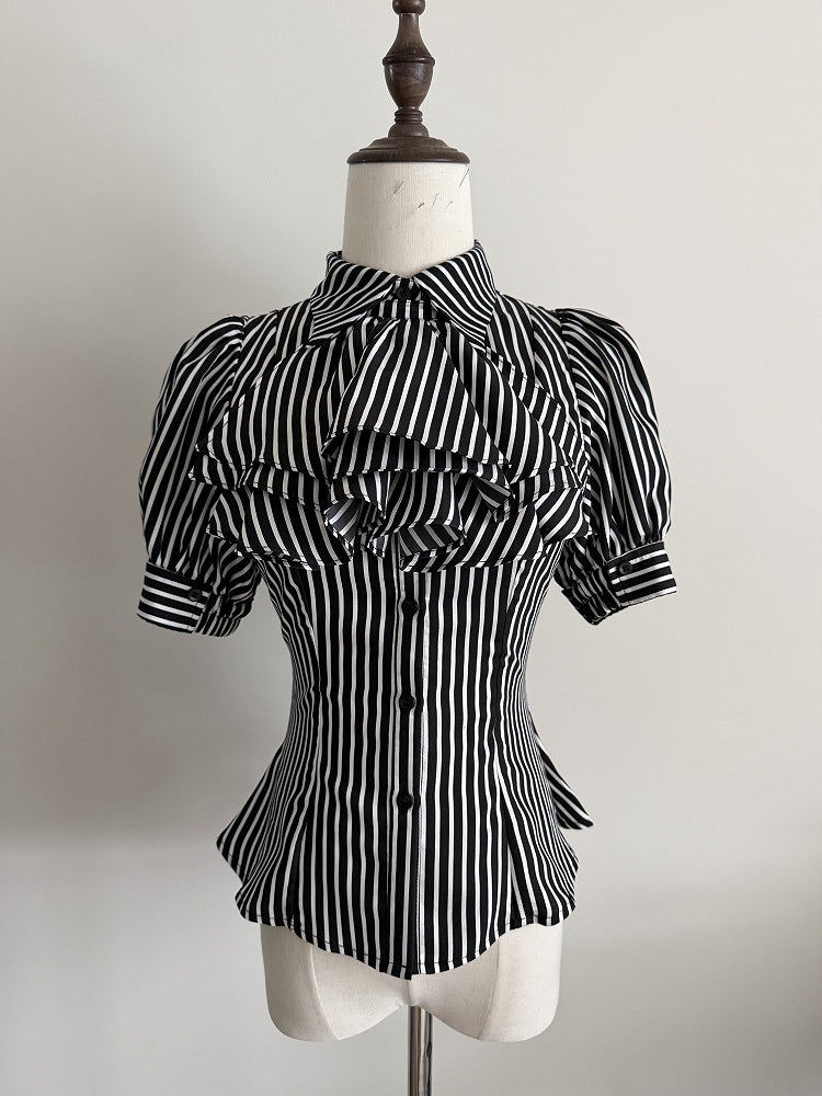 Black Striped Short Sleeve Gothic Lolita Blouse with Jabot - Flower Fairy Daily