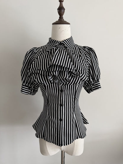 Black Striped Short Sleeve Gothic Lolita Blouse with Jabot - Flower Fairy Daily