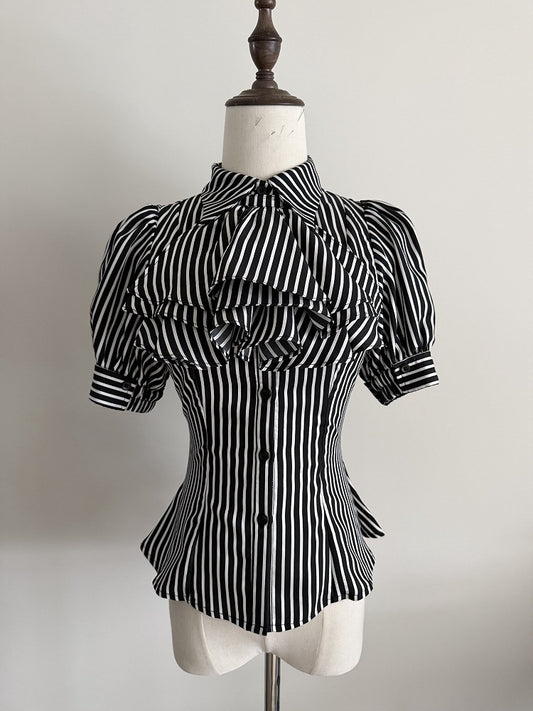 Black Striped Short Sleeve Gothic Lolita Blouse with Jabot - Flower Fairy Daily