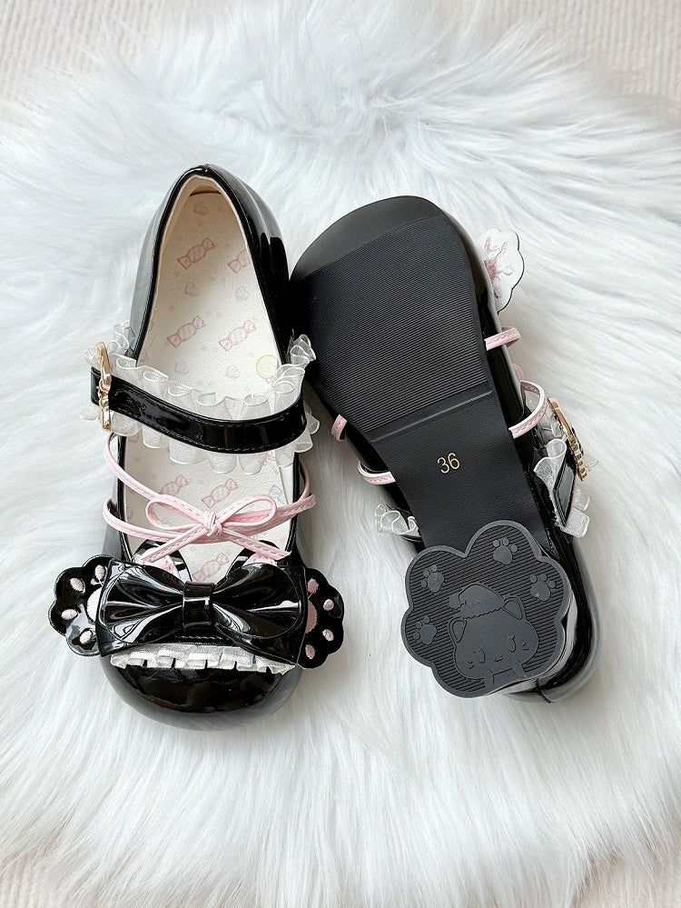 Janes Mid-heel PU Mary Toe Heels Black Sweet Cat Paw at Round Bow Top Pink Lolita Shaped -