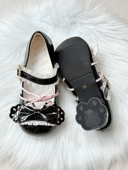 Janes Mid-heel PU Mary Toe Heels Black Sweet Cat Paw at Round Bow Top Pink Lolita Shaped -