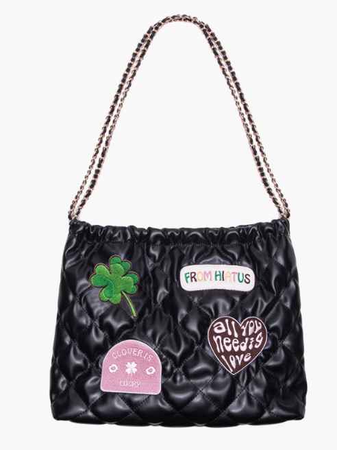 Quilted Drawstring Shoulder Black Diamond Bag With Clover And Letter Embroidery Chic