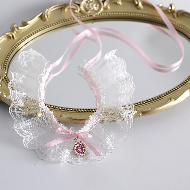 Pink And White Sweet Lolita Lace Bowknot Choker With A Heart-shaped Charm