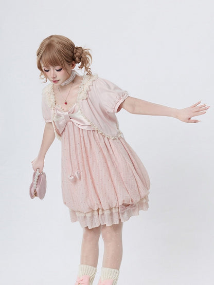 Pink Bow Polka Dot Sleeveless Bubble Dress with Lace - Tan Tuan