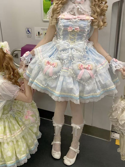 Fabric Decoration Skirt Rosette Blue Padded Jumper Lolita and Heart Bow