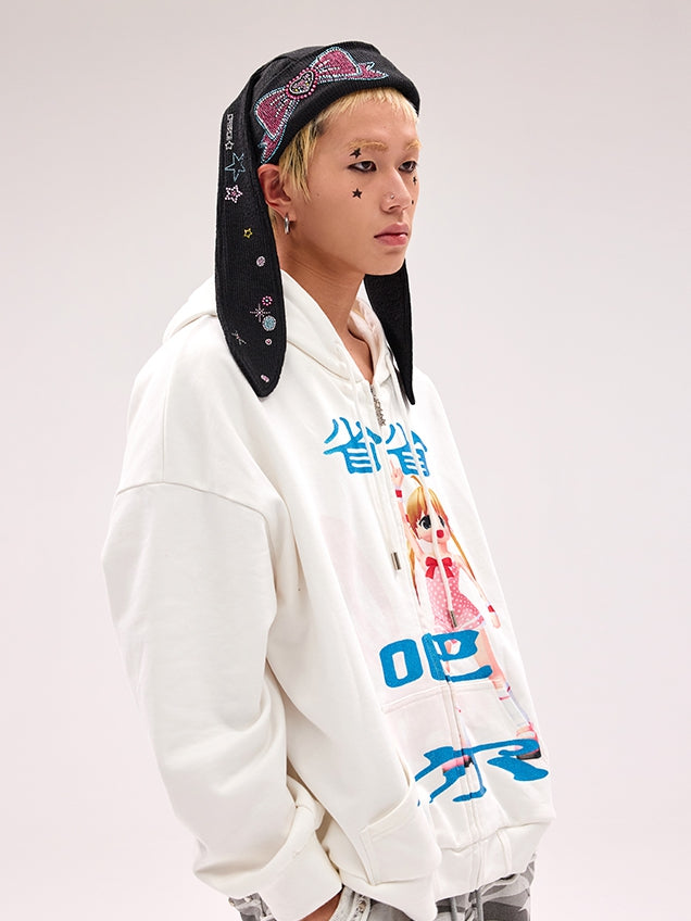 Black Hat Bunny Ear Y2K Design Rhinestone Bow