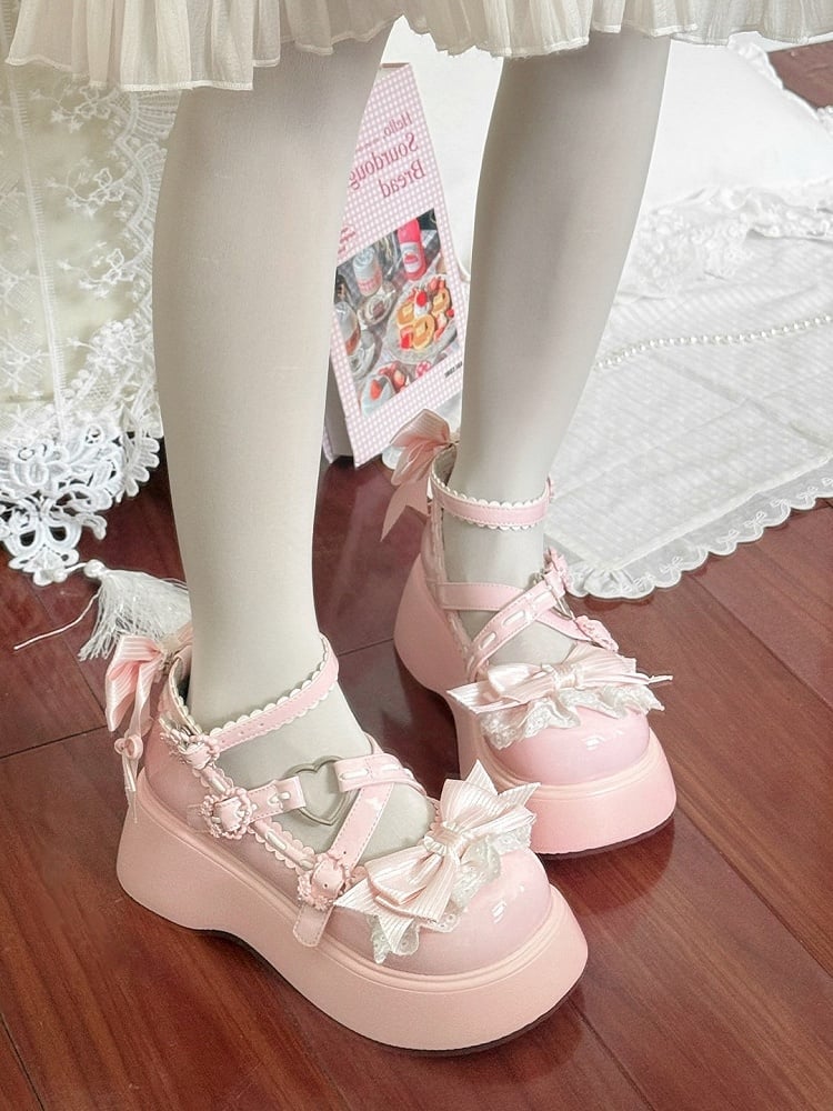 Sweet Lolita Pink Shoes Sweet Mary Jane Platform Shoes with Heart & Bowknot Details