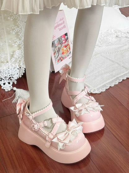 Sweet Lolita Pink Shoes Sweet Mary Jane Platform Shoes with Heart & Bowknot Details