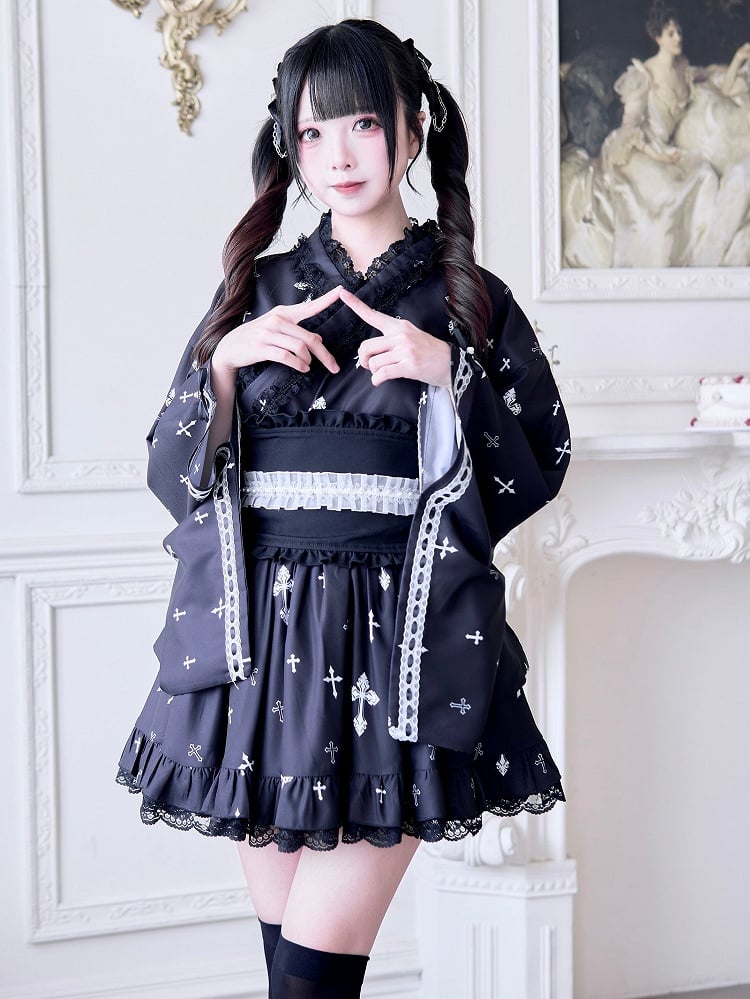 Kei with Bell Gothic Print Black White Cross Sleeves Wrap Kimono-Style and Top Jirai