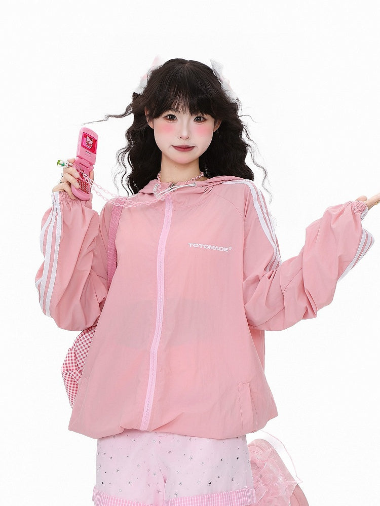 Kawaii Sun Closure Daily Green/Yellow/Pink Cuffs Protection Jacket Elastic Zipper with