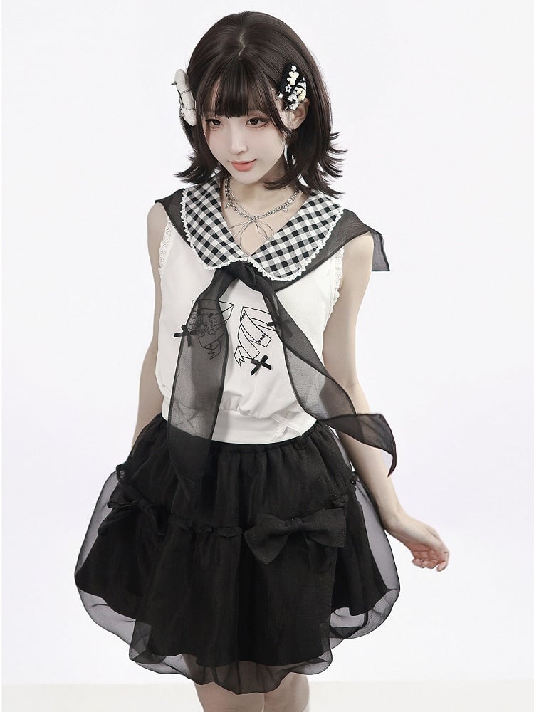 White Gingham Peter Pan Collar Tank with Cartoon Print - PINK SAVIOR