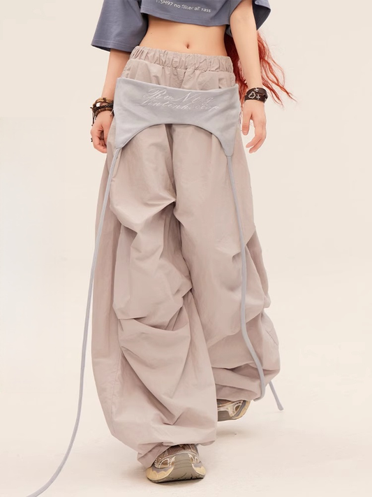Waist Gray Vintage with Wide-leg Casual Pants Accessory