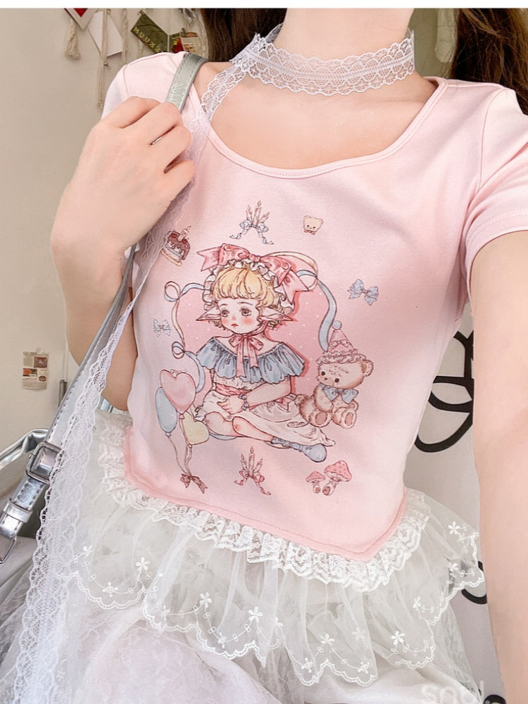 Pink/White Girl Print Lace Trim T-Shirt Cute Round Neck