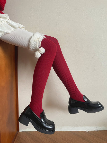 Stockings Cuff Pom-Pom Fluffy with Ribbed Details