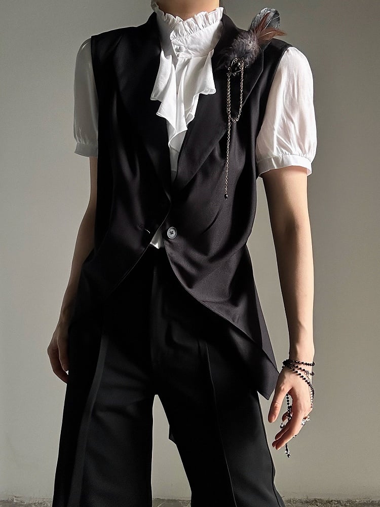 Princely Feather Brooch Notched Black Collar Set Waistcoat Style -