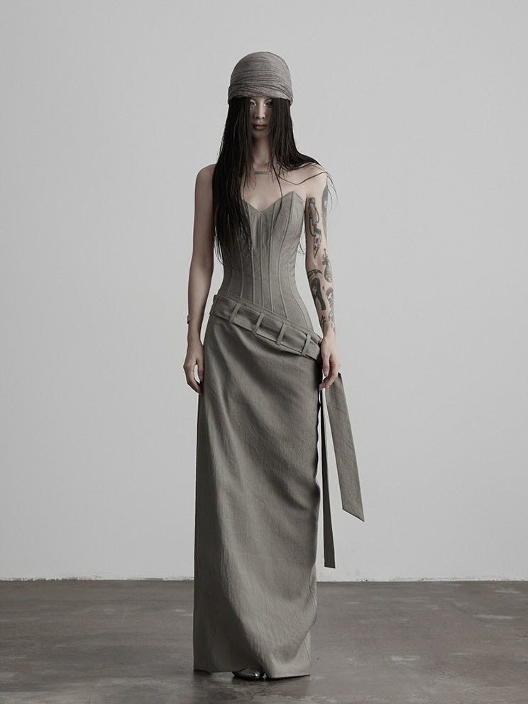 Gray Boned Strapless Long Dress with Belt - INDULGE