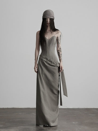 Gray Boned Strapless Long Dress with Belt - INDULGE