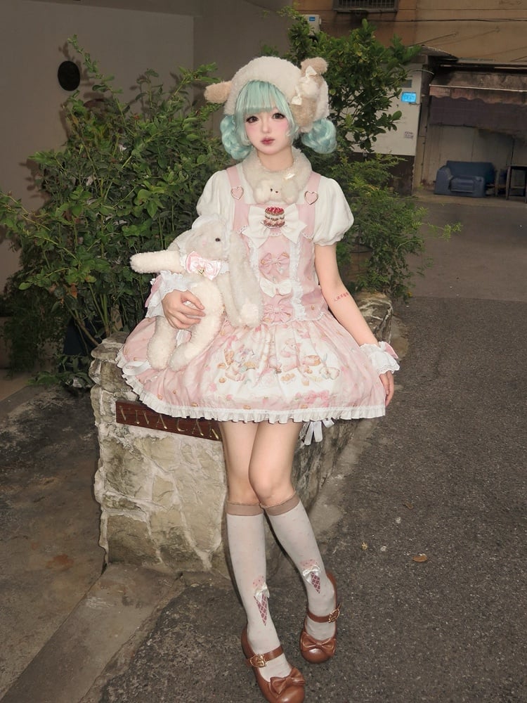 Pink Bear & Strawberry Print Adjustable-Strap Jumper Dress - Honey Village