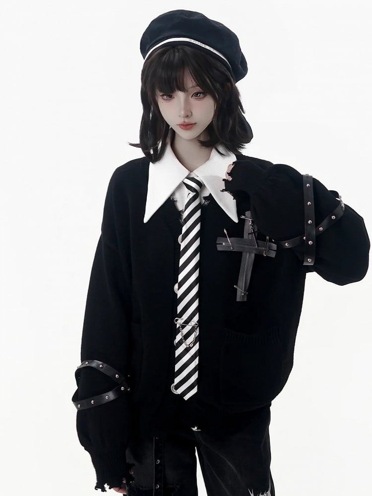 Striped Detail Black with Pin White Necktie