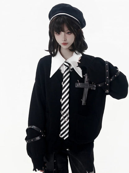 Black Cross Detachable Sleeves Cardigan Knit Criss-cross with