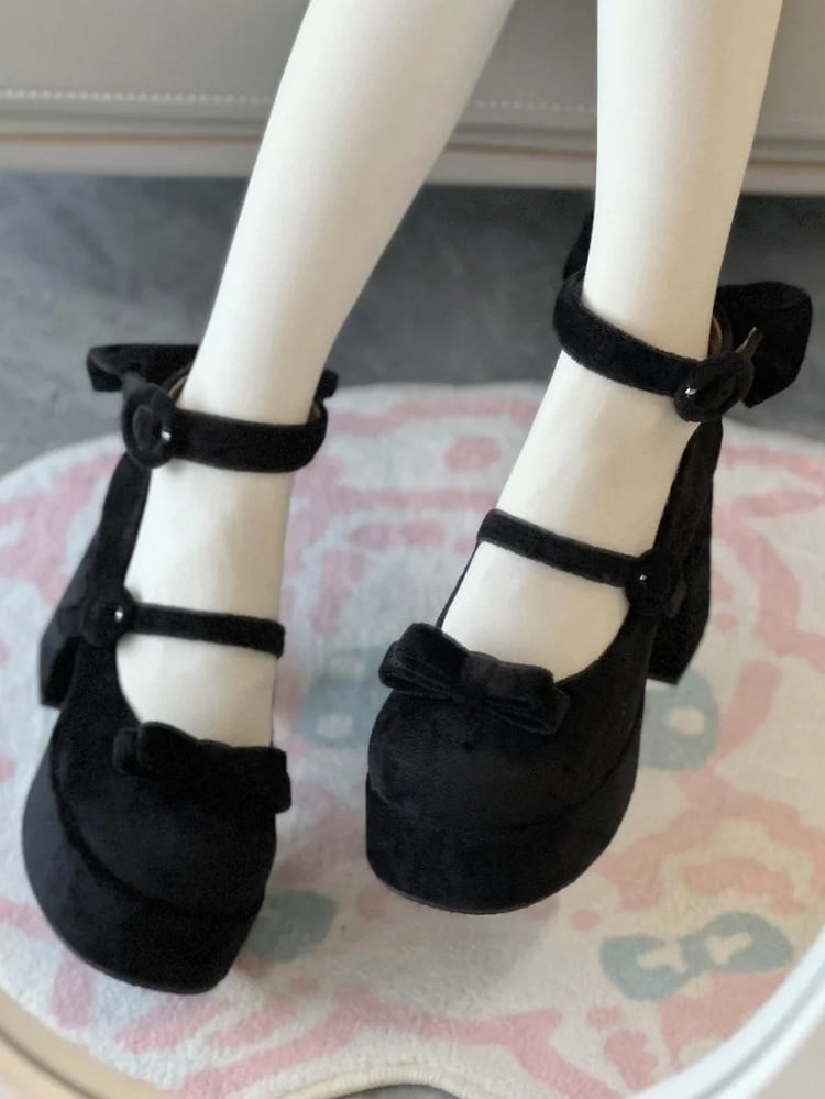 Classic Platforms Bowknot Details High Buckle Lolita Velvet with Black Block Ring Heels Design