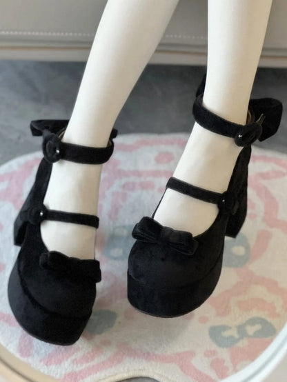 Classic Platforms Bowknot Details High Buckle Lolita Velvet with Black Block Ring Heels Design