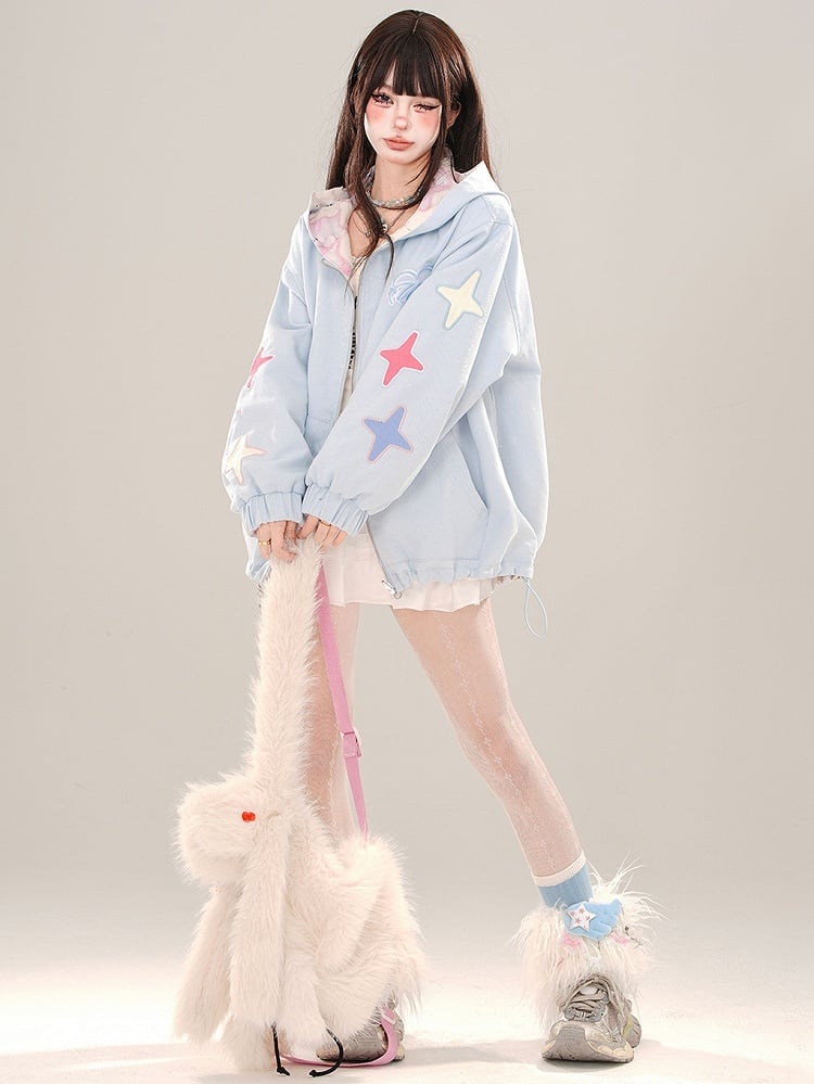 Blue Cute Puppies Pattern Reversible Zip Hoodie