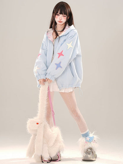 Blue Cute Puppies Pattern Reversible Zip Hoodie