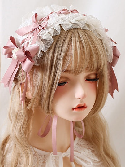 Pink Hairband Off-White With Bows Elegant Lace