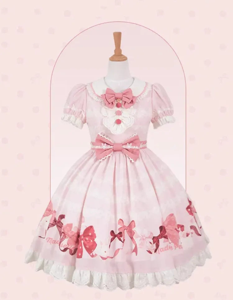 Kurze Schleifen Rosa Stück Ein Süßes Kleid und Ärmel Print Lolita Bunny