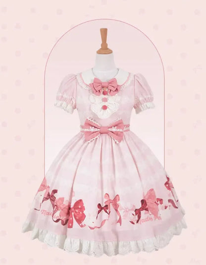 Kurze Schleifen Rosa Stück Ein Süßes Kleid und Ärmel Print Lolita Bunny