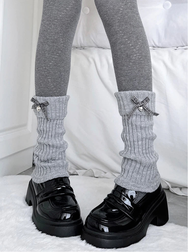 Light Leg Slouchy Warmers Bow Ribbed Gingham Gray