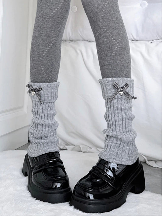 Light Leg Slouchy Warmers Bow Ribbed Gingham Gray