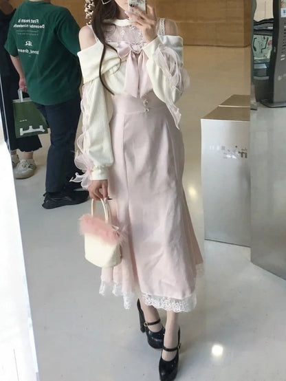 Beige Dress Tie Detail Off-Shoulder Sleeve Crossed Jirai Pink in Kei Bow with Elegant