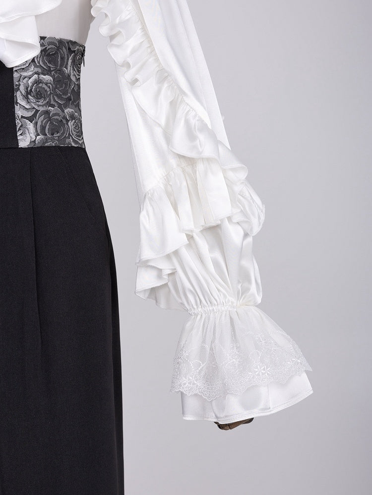 Elegant White Ruffled Bodice Shirt with Flounce Trim and Long Sleeves - DevilInspired Exclusive Collection