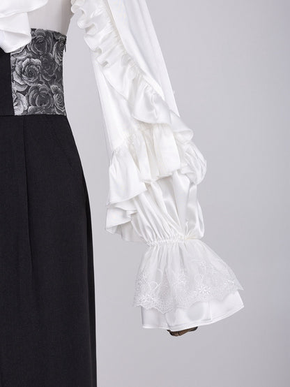 Elegant White Ruffled Bodice Shirt with Flounce Trim and Long Sleeves - DevilInspired Exclusive Collection