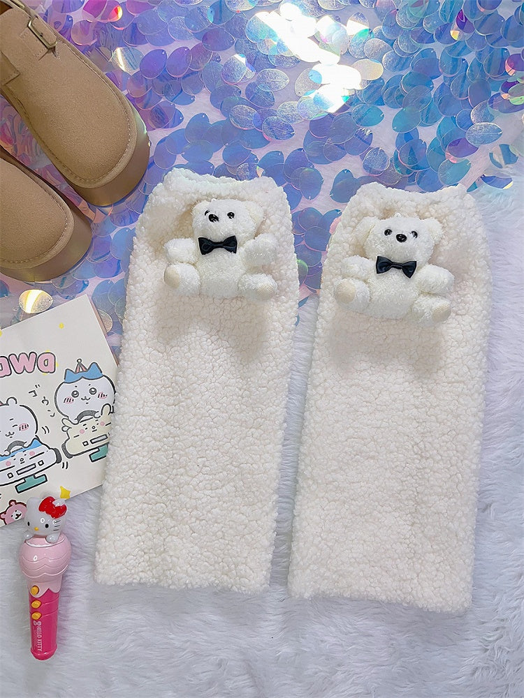 Y2K Christmas Plush Bear Design White Leg Warmers