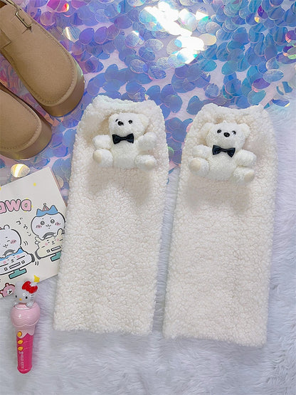 Y2K Christmas Plush Bear Design White Leg Warmers