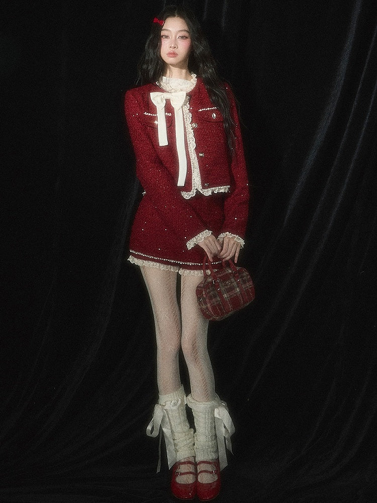 Weihnachtsroter Tweed-Skort, Spitzenbesatz an den Bündchen, Perlendetails