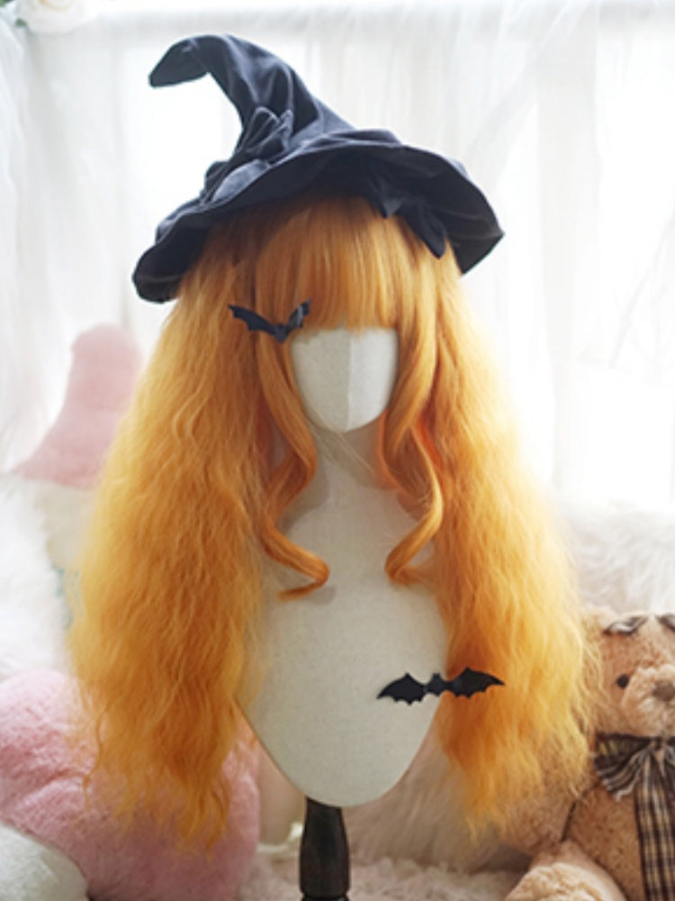 Hellblond/Milchweiß/Orange/Rot, lange, gewellte Perücke mit vollem Pony