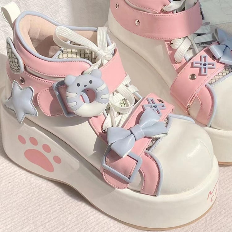 Lolita Sweet Embellishments Pink Bow Platform Regular/Thicken Shoes Paw Version - Themed Motif with Kitty White Embroidery