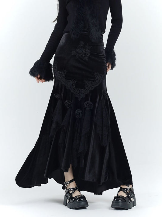 ゴシックブラックベルベットロゼットレーストリムハイローマーメイドスカート