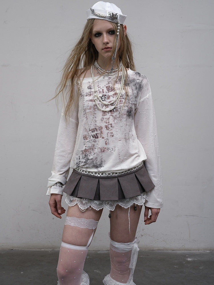 ウェイストランドパンクレターロングトップ、アシンメトリーブルー/ベージュスリーブ、ネックラインプリント