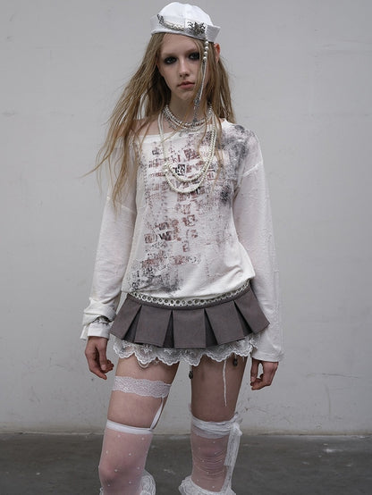 ウェイストランドパンクレターロングトップ、アシンメトリーブルー/ベージュスリーブ、ネックラインプリント