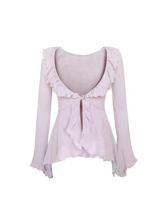 Purple Ruffled Knit Cardigan with Long Sleeves