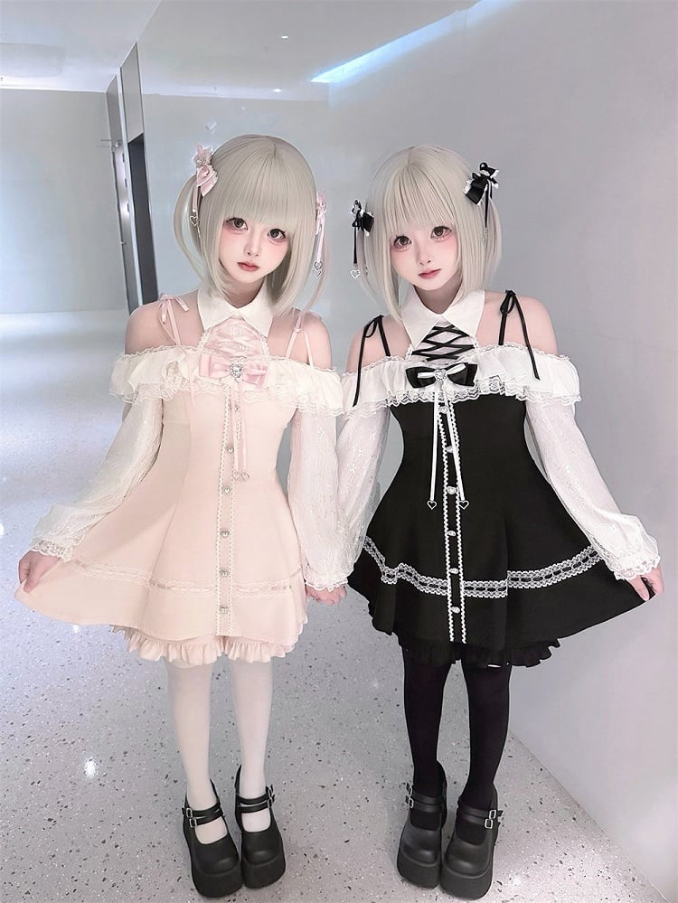 Monochrome Jirai-Kei Two-Piece Ensemble - Off-Shoulder Lace Long Sleeve Gown + Coordinating Shorts - Puppet Bombs