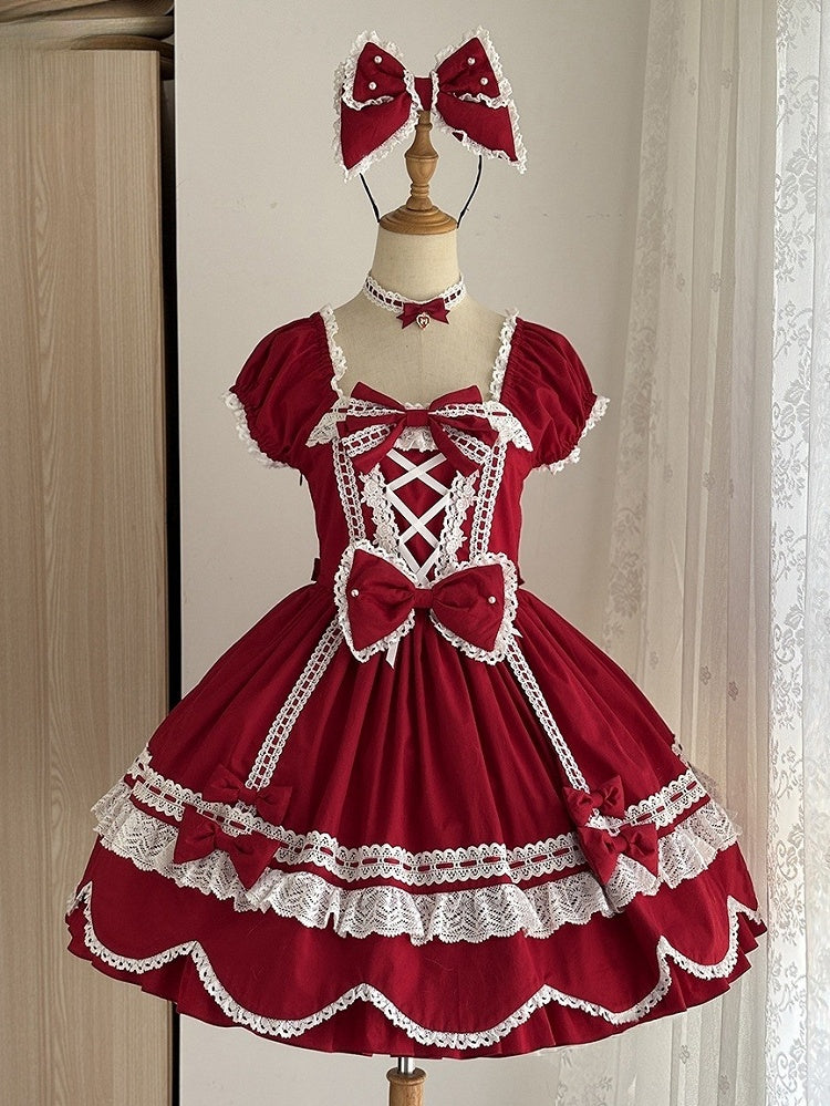 Old School Stück und Quadrat Kleid Baumwolle Kurze Rote Puffärmel Ein Ausschnitt Lolita